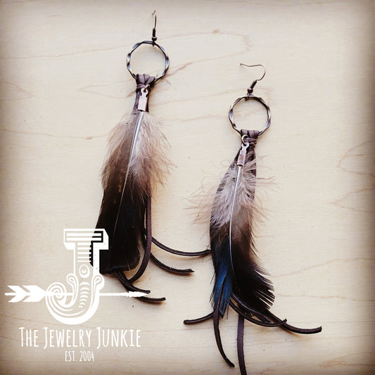 Leather Tassel Earring-Blue/Black Feather