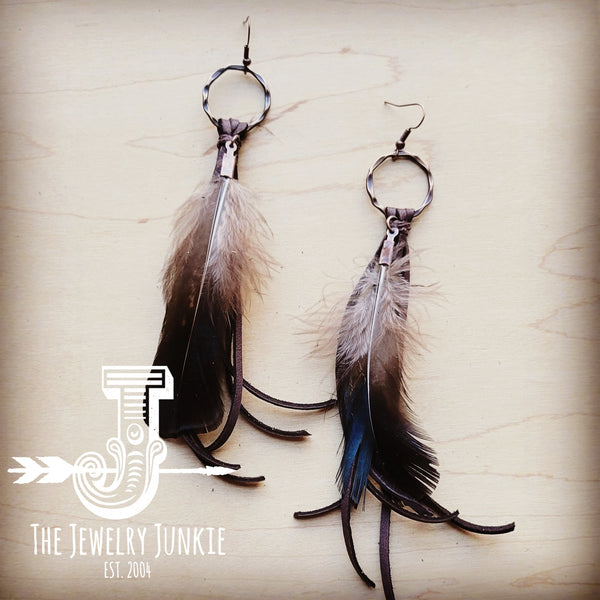 Leather Tassel Earring-Blue/Black Feather
