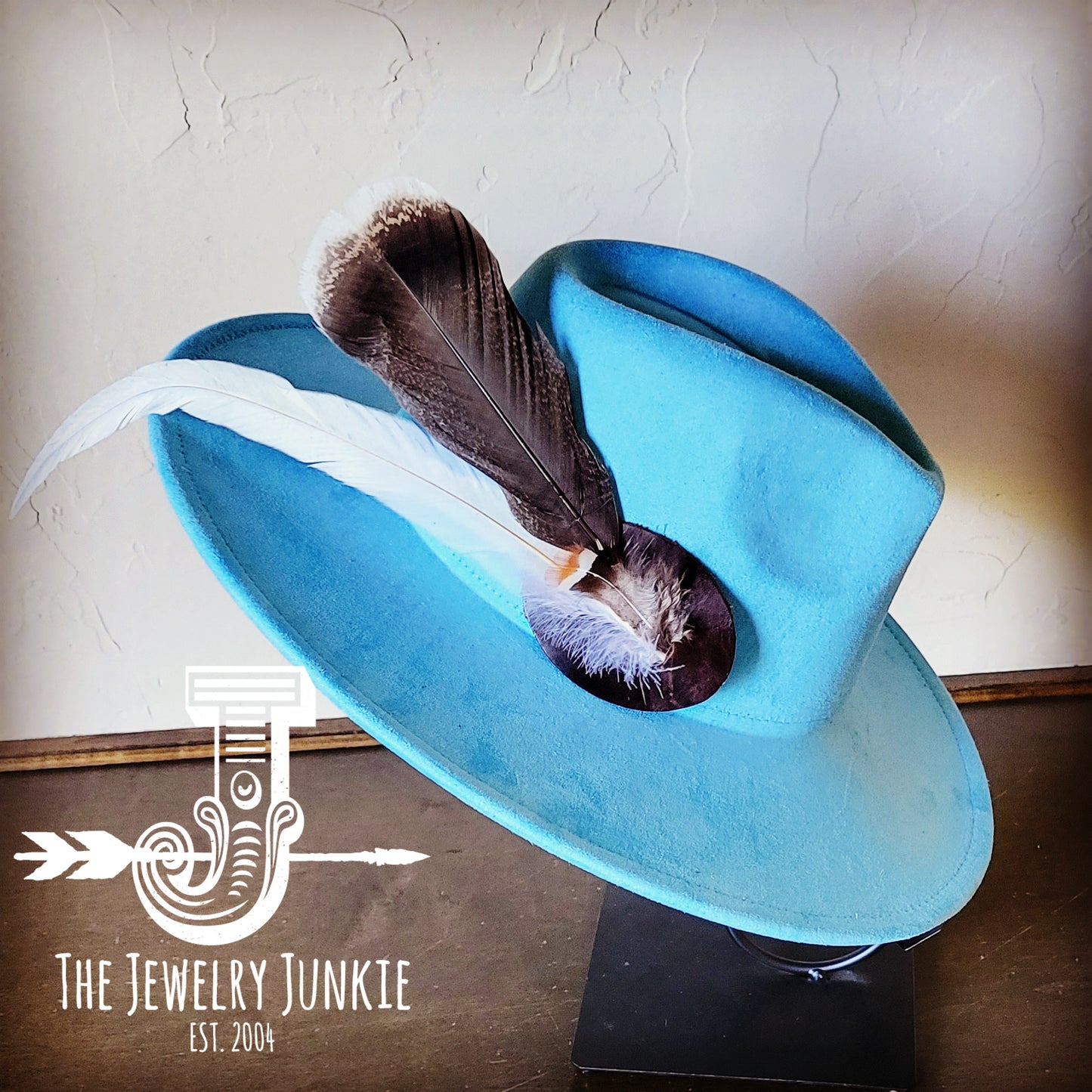 Boho Western Hat w/ Feather Tie Hat Baby Blue 982u