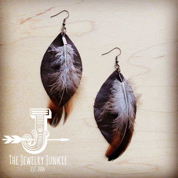 Western Leather Oval Earrings Brown with Rust Feather 216r