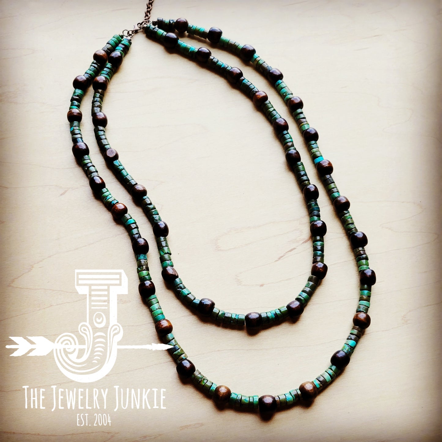 *Natural Turquoise and Wood Double Strand Necklace 256q