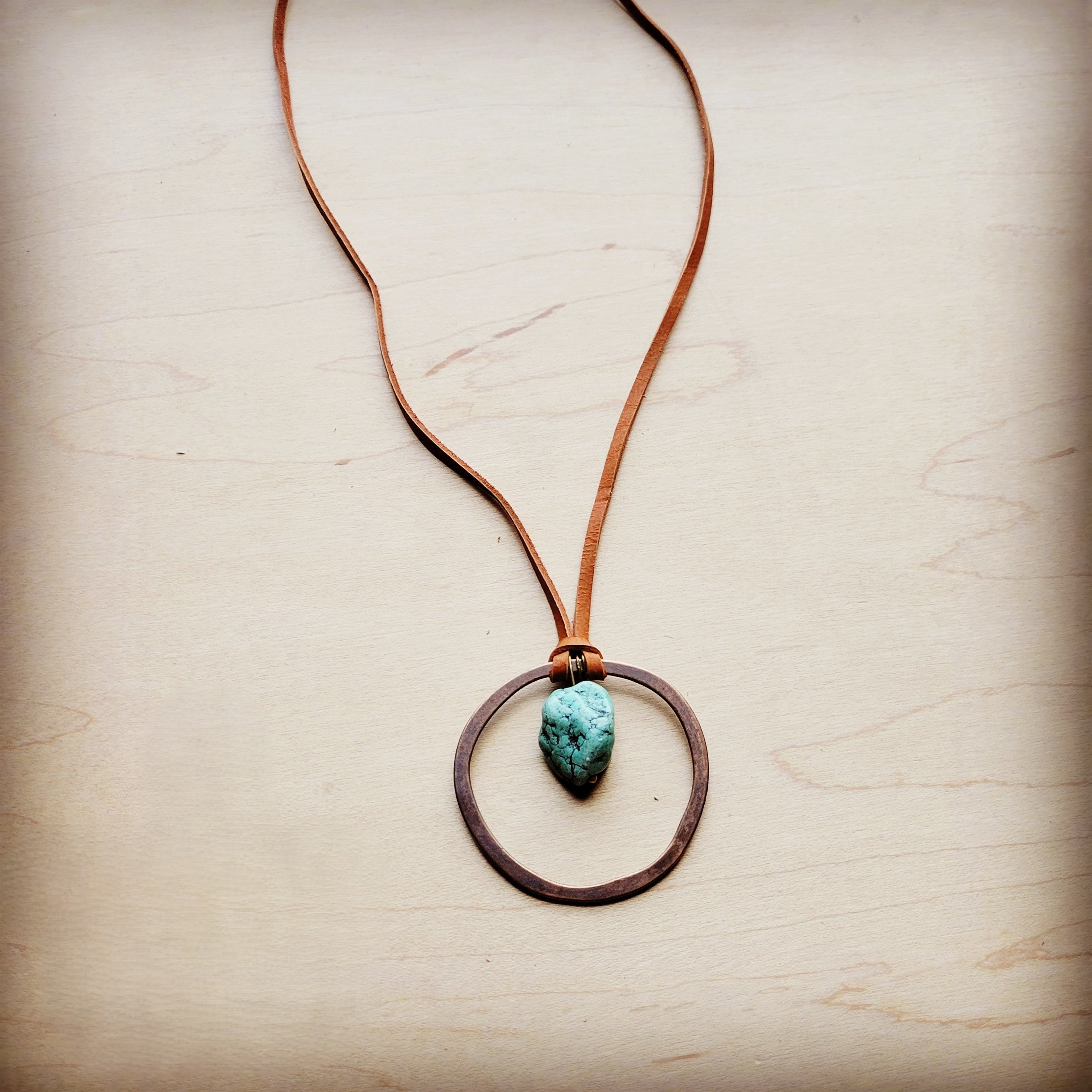 Leather Cord Necklace Antique Gold Hoop & Natural Turquoise 254v