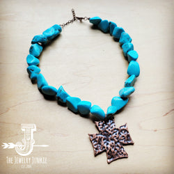 Chunky Blue Turquoise Collar Necklace w/ Cross Pendant
