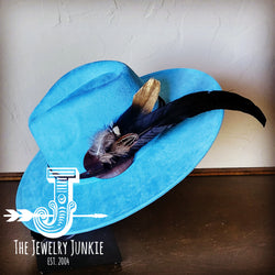 Boho Western Hat w/ Feather Tie Hat Baby Blue 982u