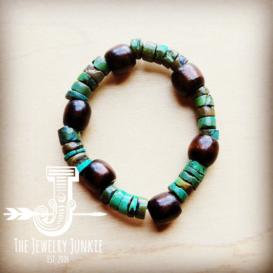 *Genuine Natural Turquoise and Wood Stretch Bracelet 807p