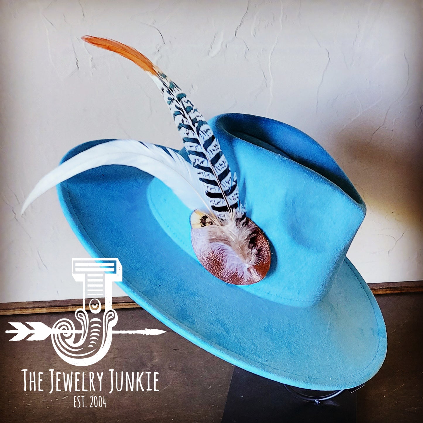 Boho Western Hat w/ Feather Tie Hat Baby Blue 982u