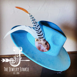 Boho Western Hat w/ Feather Tie Hat Baby Blue 982u