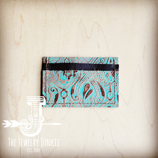 Embossed Leather Credit Card Holder-Turquoise Napolis 603m