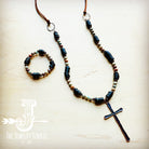 Aqua Terra and Wood Necklace with Copper Cross