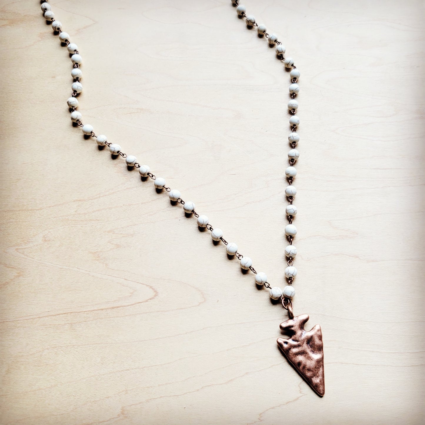 **White Turquoise Beaded Necklace w/ Antique Copper Arrowhead 260i