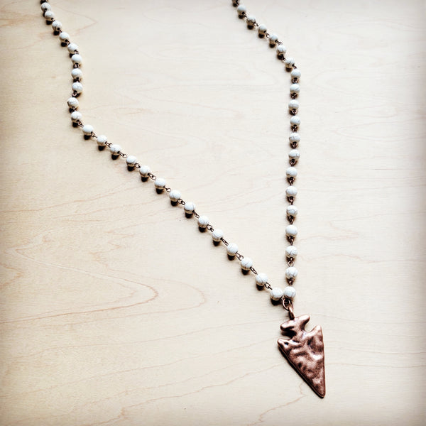 **White Turquoise Beaded Necklace w/ Antique Copper Arrowhead 260i