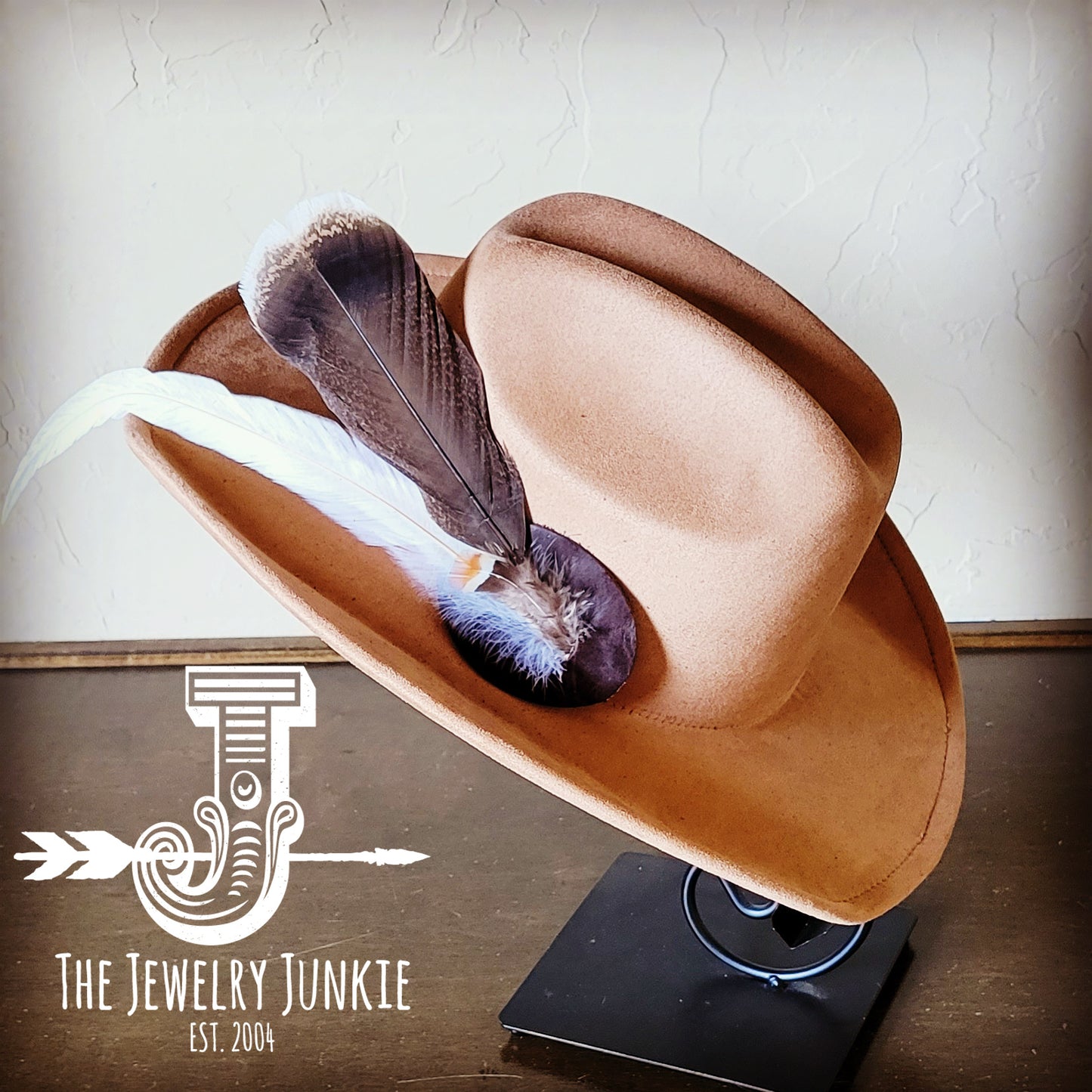 Cowgirl Western Hat w/ Feather Tie Hat Band-Tan 982x