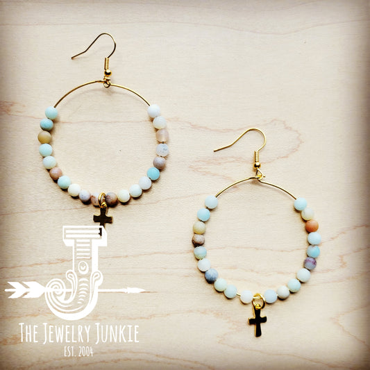 Beaded Hoop Earrings- Amazonite Cross