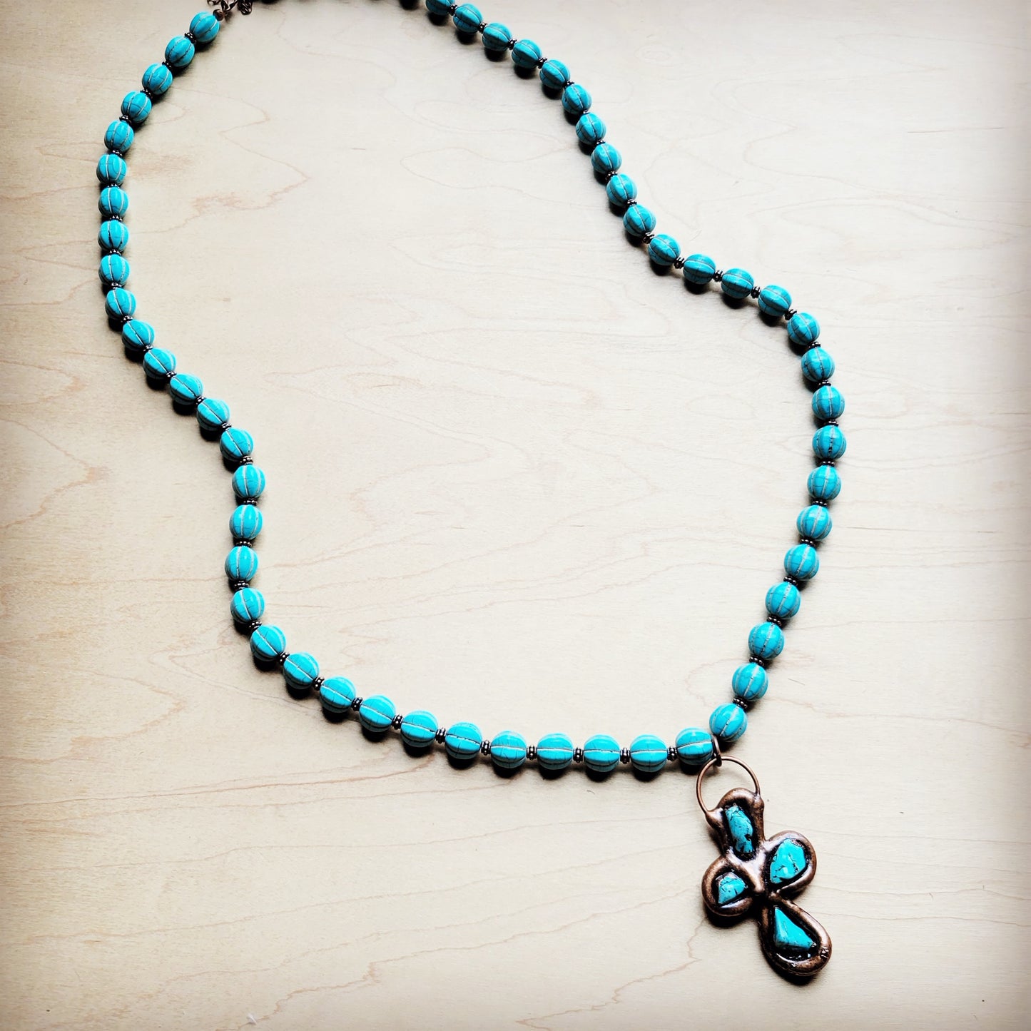 Blue Turquoise Melon Beaded Necklace w/ Copper Cross 260g