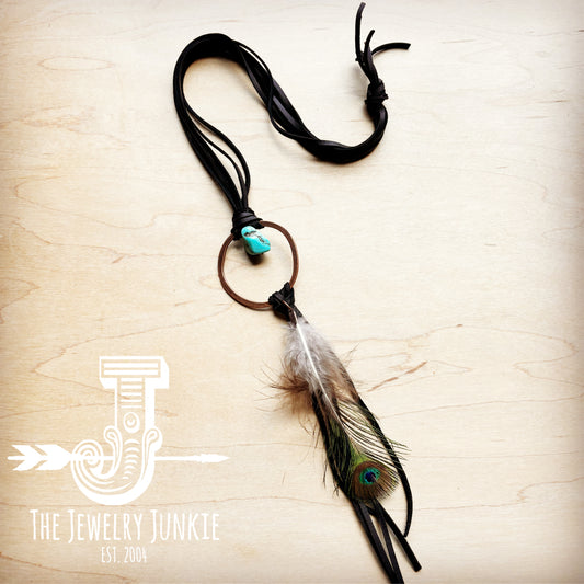 Black Boho Leather Necklace w/ Blue Turquoise & Peacock Feather 257s