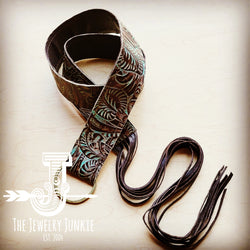 Brown Floral Leather Belt with Leather Fringe Closure 905L