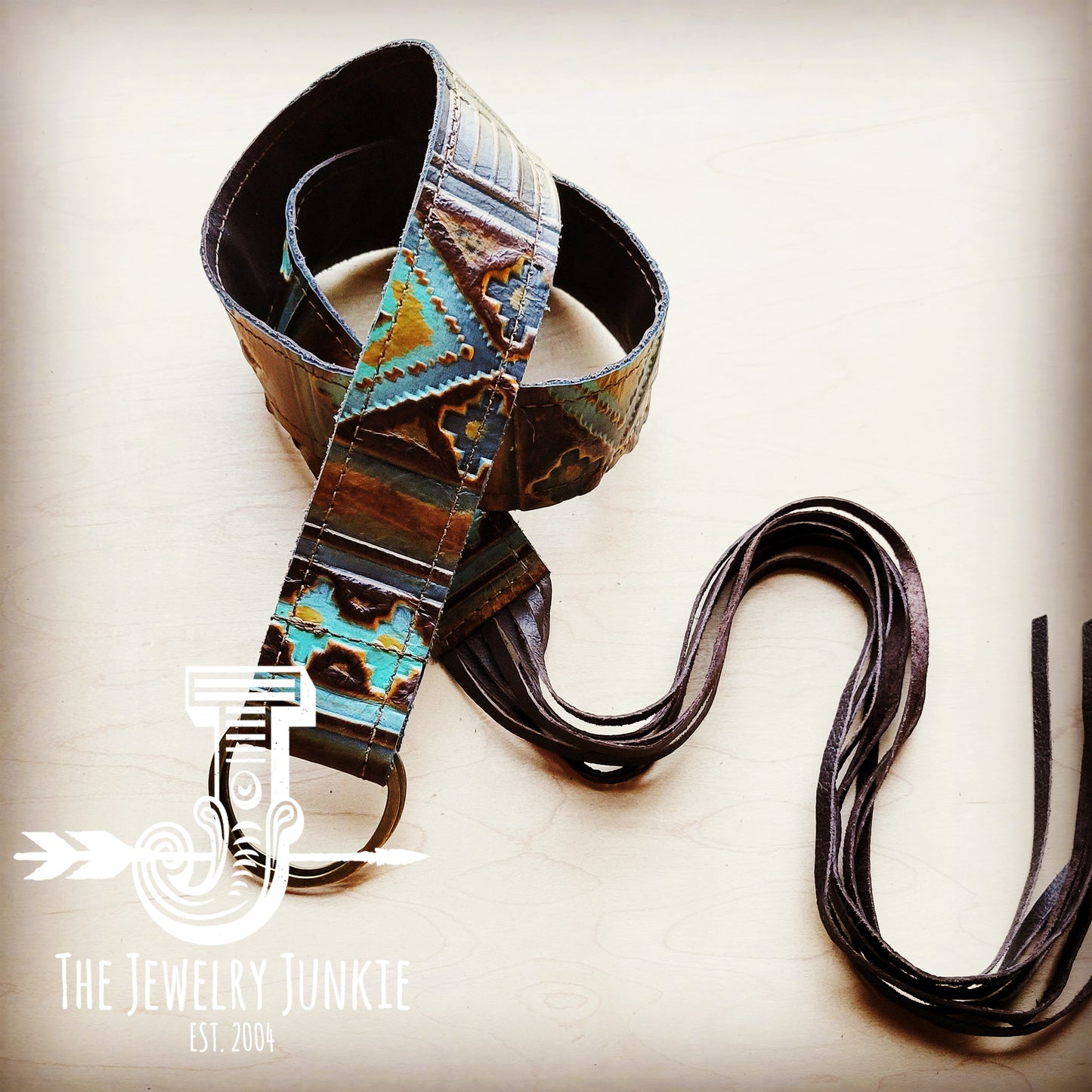 Blue Navajo Leather Belt with Leather Fringe Closure 905k