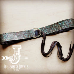 Turquoise Brown Paisley Leather Belt with Leather Fringe Closure 905t