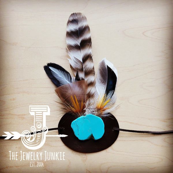 Blue Turquoise, Tan Feather & Leather Hat Band (Band Only) 981a