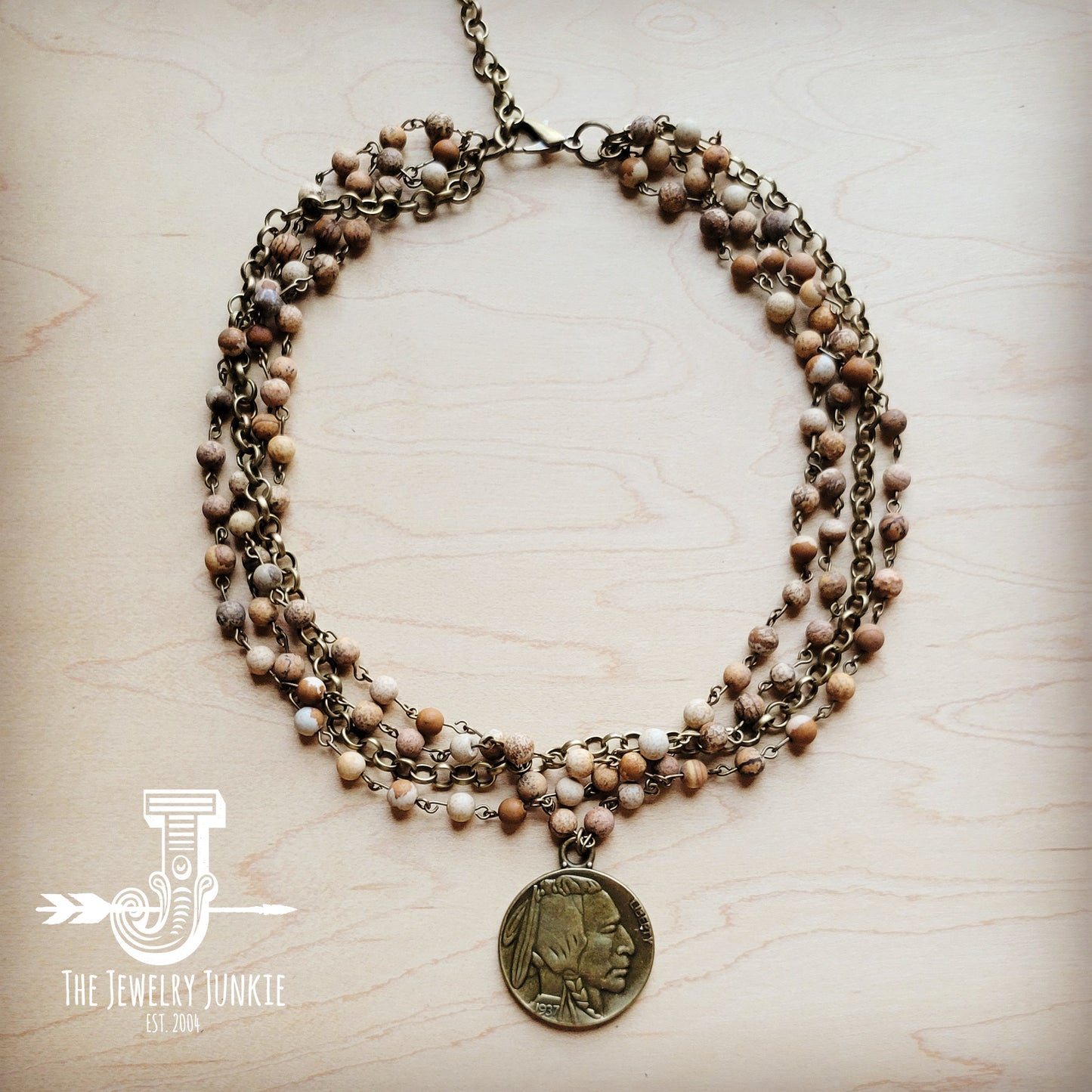 Picture Jasper Collar Necklace w/ Indian Buffalo Coin 259b