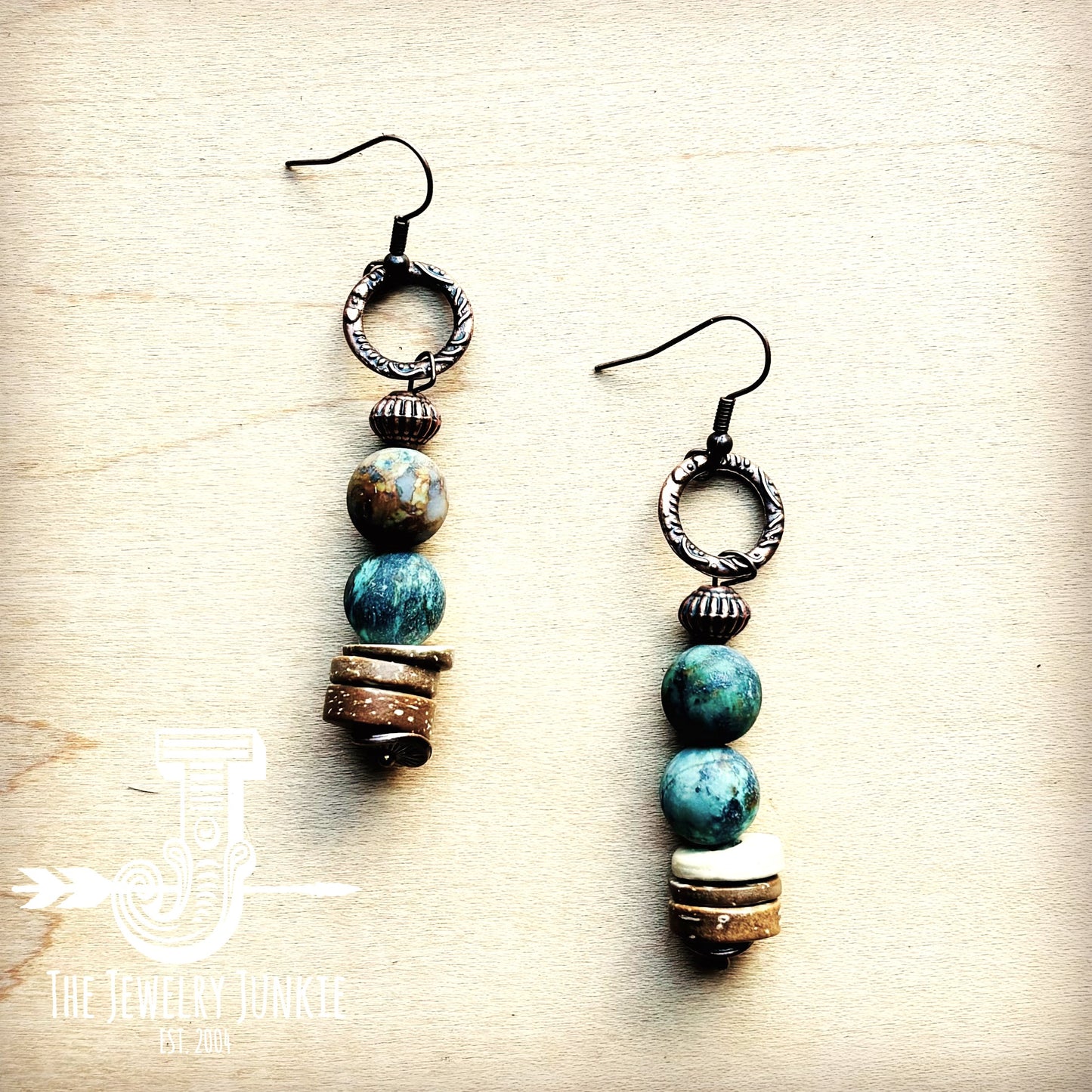 Frosted African Turquoise and Wood Earrings (220d)