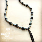 Frosted Aqua Terra Necklace with Wood Beads and Leather Tassel