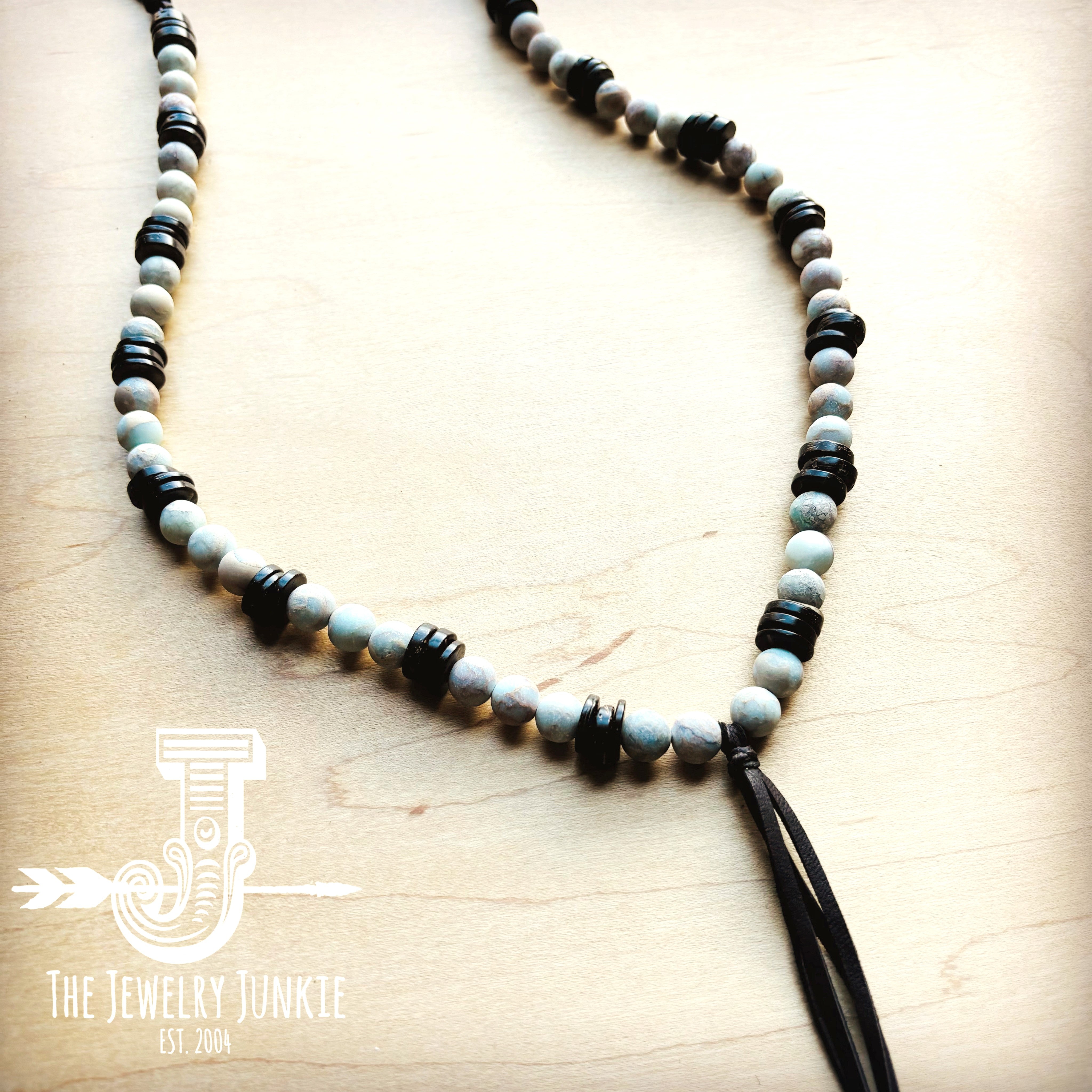 Frosted Aqua Terra Necklace with Wood Beads and Leather Tassel