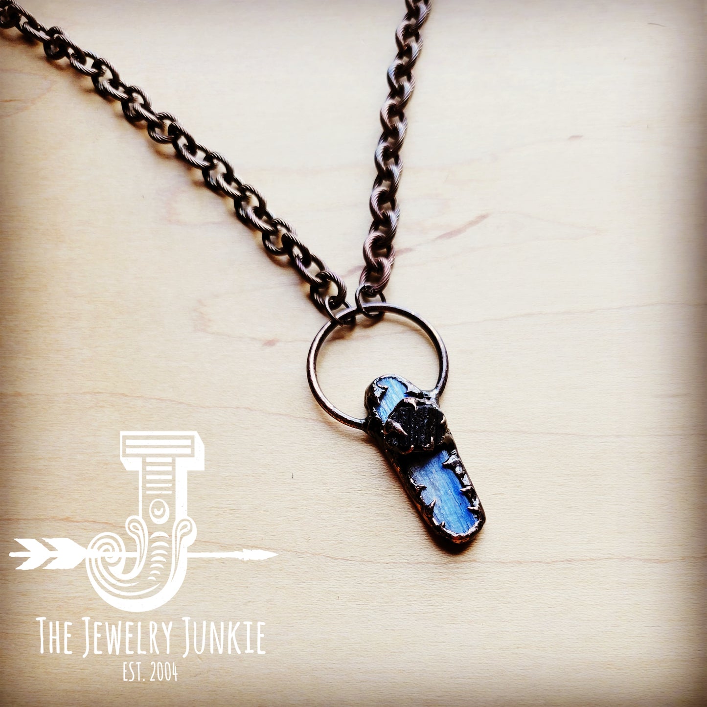 *Long Copper Necklace w/ Blue Spot Copper Pendant 256h