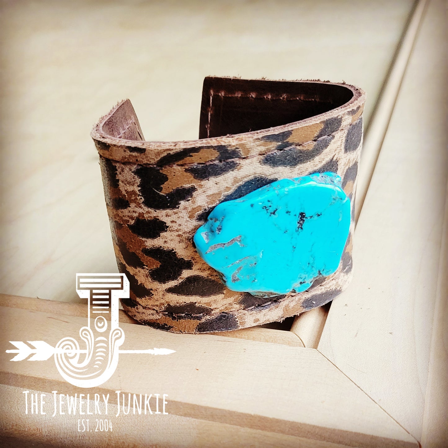 *Leather Cuff w/ Leather Tie-Suede Leopard & Turquoise Slab 013u