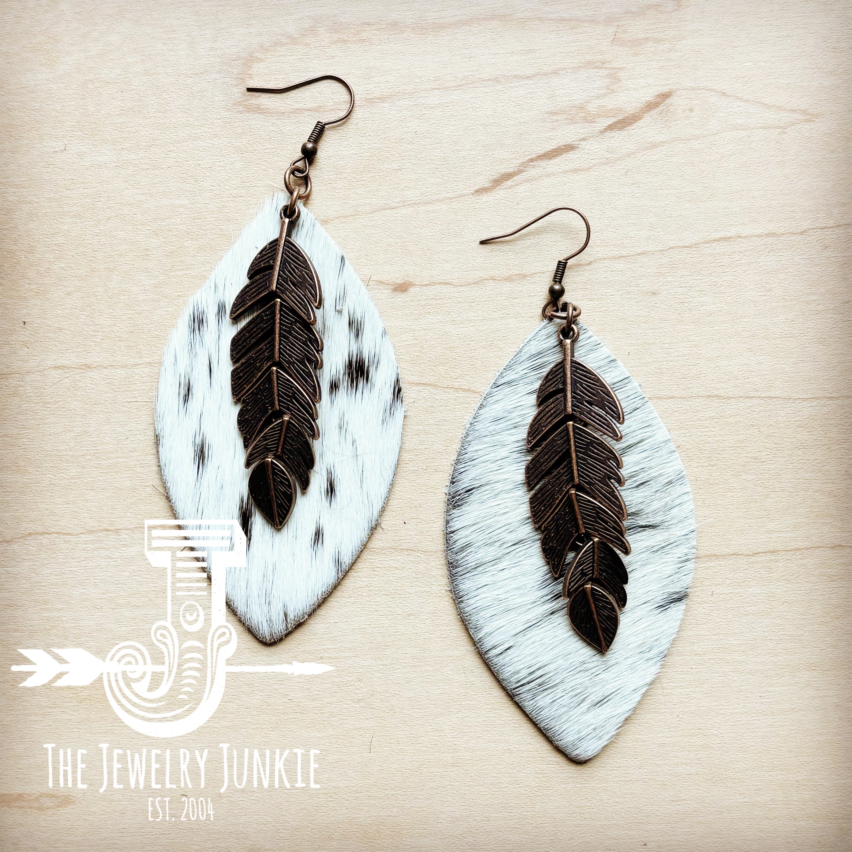 Leather Oval Earrings Spotted Hair Hide w/ Copper Feather