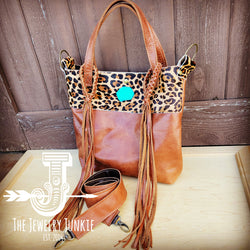 Tejas Brown Leather Bucket Hide Handbag w/ Leopard & Turquoise 512b