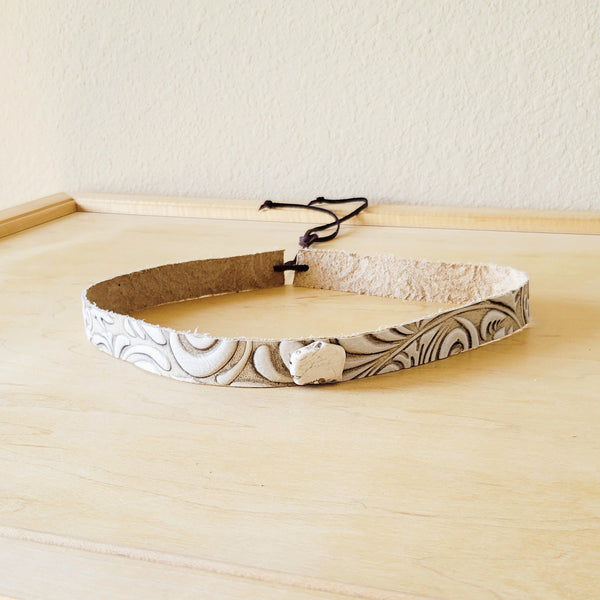 Sandy White Floral Embossed Leather Hat Band w/ Turquoise Slab 951b