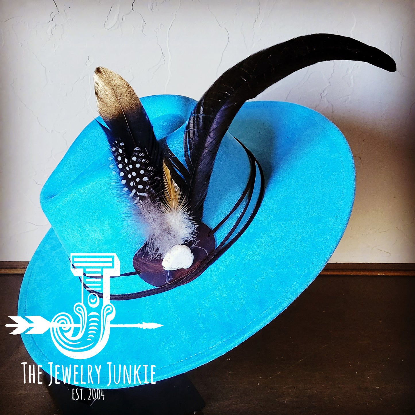 Boho Western Hat w/ Choice of Feather Hat Band-Baby Blue 982h