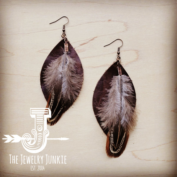 Western Leather Oval Earrings Brown with Turkey Feather 216q