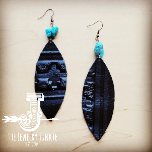 *Leather Oval Earrings in Black Navajo w/ Turquoise Accent 216a