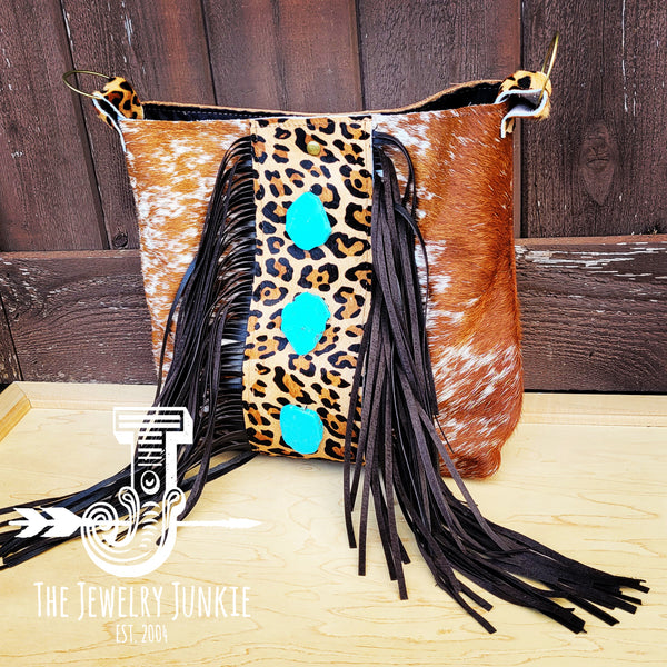 Tejas Brown Leather Bucket Handbag w/ Leopard & Triple Turquoise 511z