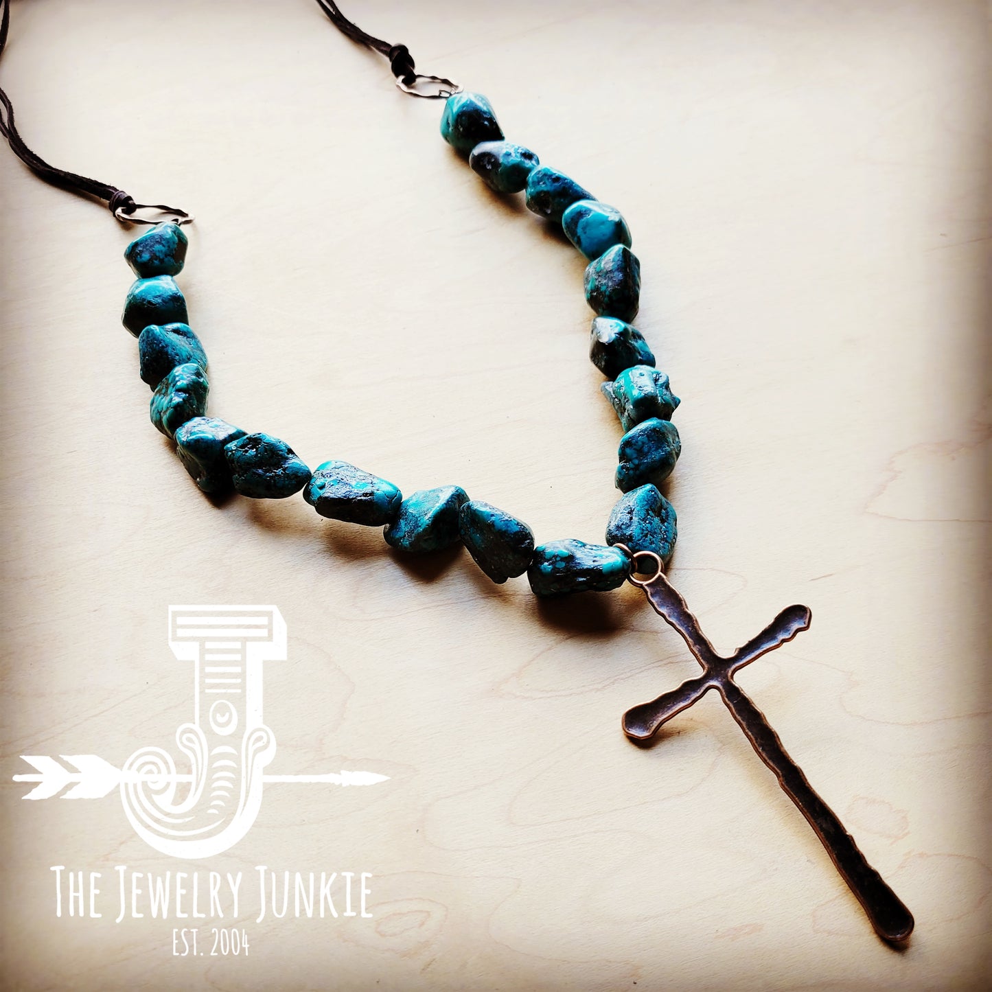 Natural Blue Turquoise Necklace with Large Copper CROSS Pendant