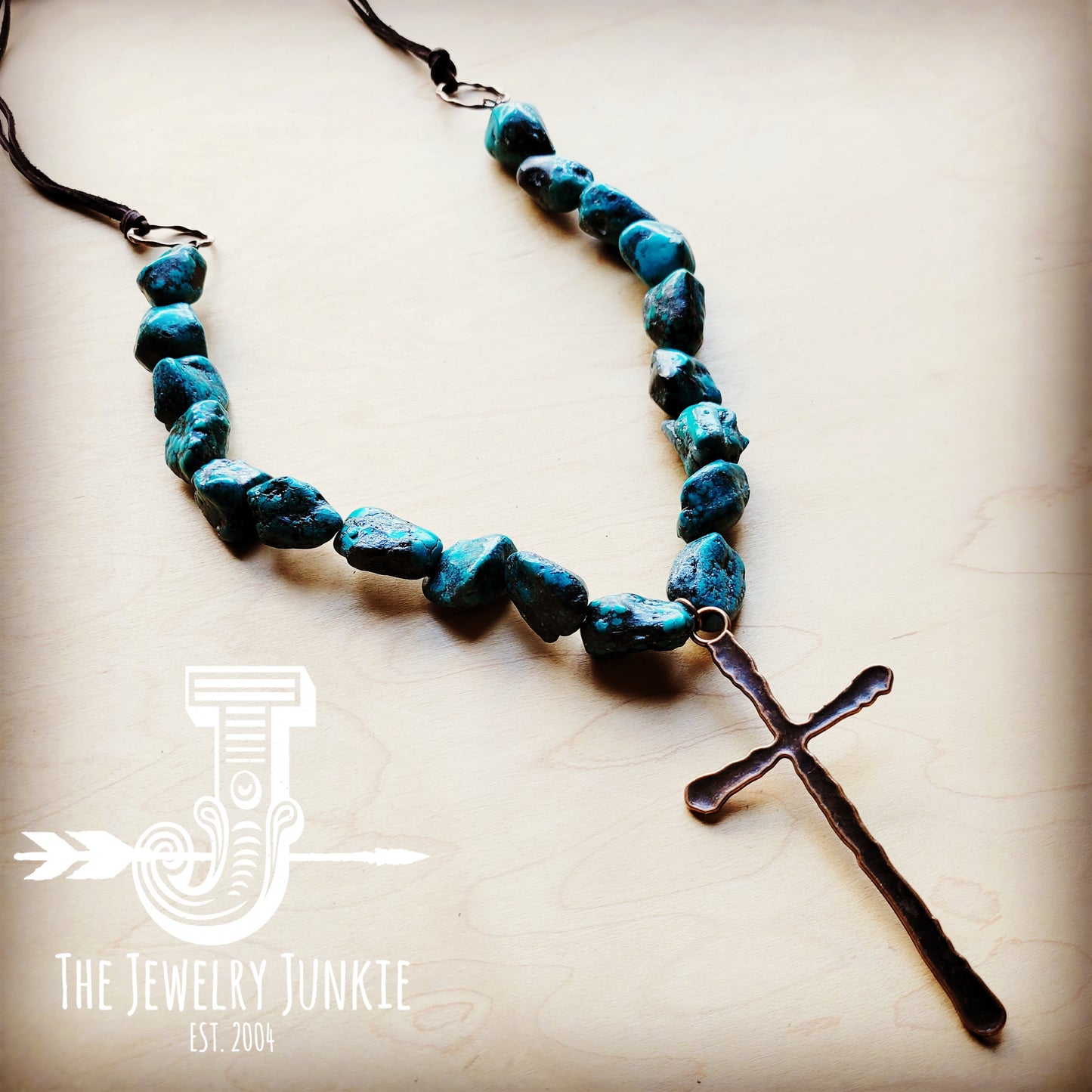 Natural Blue Turquoise Necklace with Large Copper CROSS Pendant 255x