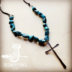 Natural Blue Turquoise Necklace with Large Copper CROSS Pendant