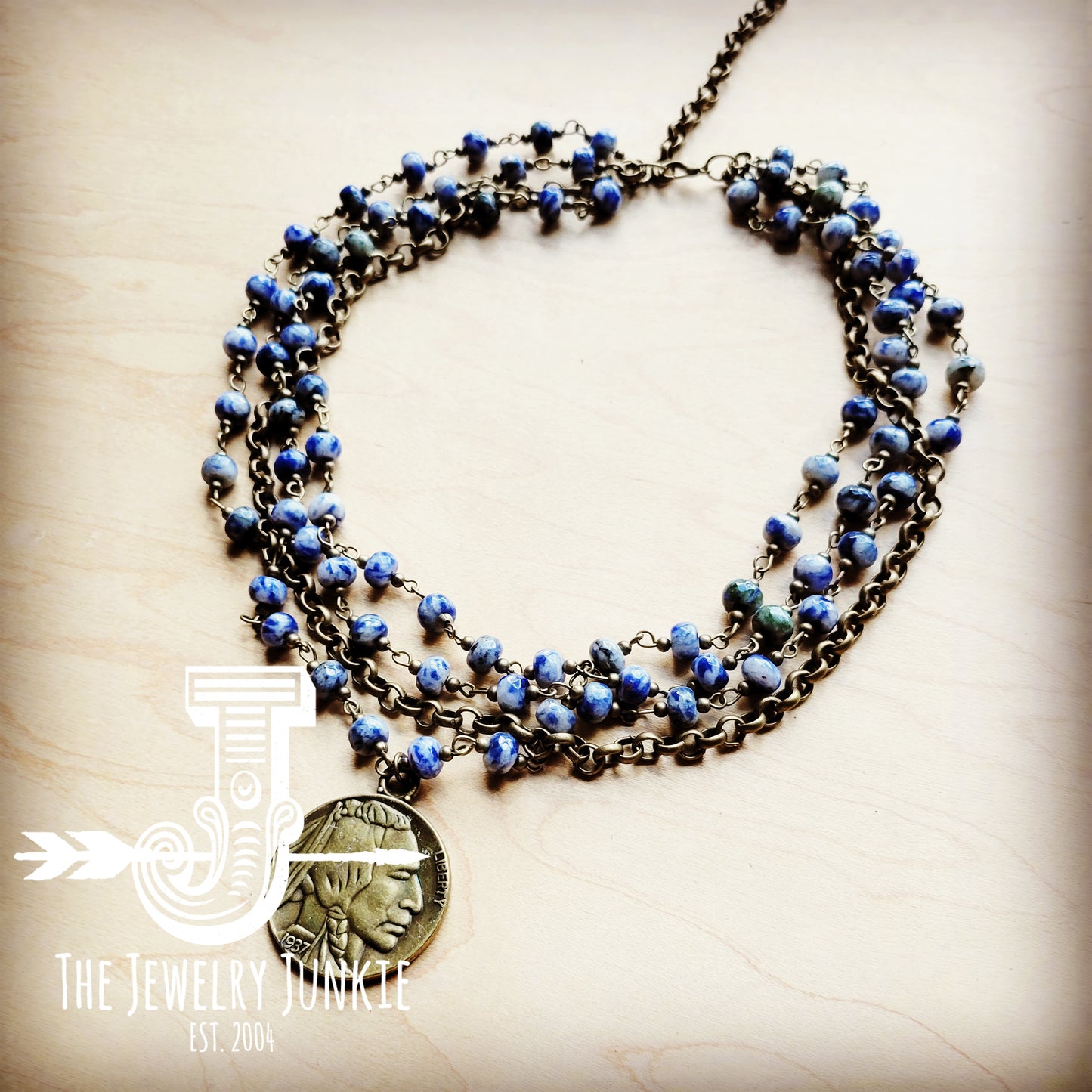*Blue Spot Collar-Length Necklace with Indian Head Coin 255u