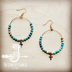 *Beaded Hoop Earrings- Imperial Jasper w/ Cross Dangle 215i