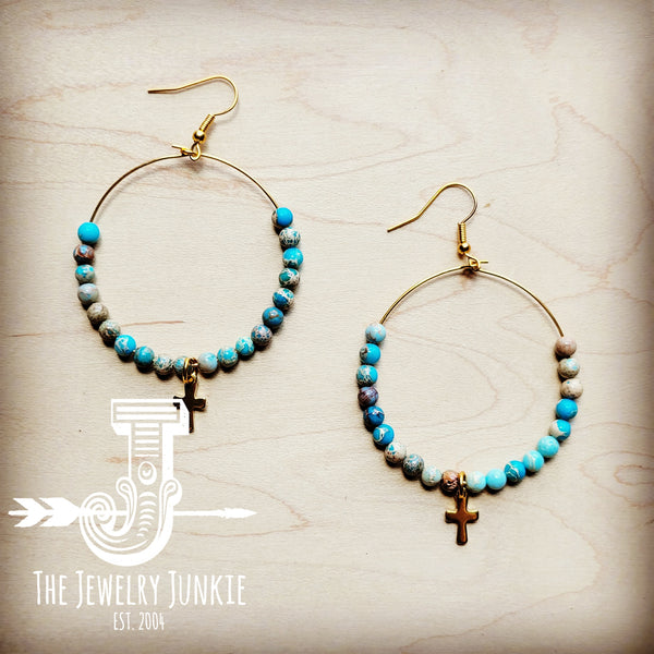 *Beaded Hoop Earrings- Imperial Jasper w/ Cross Dangle 215i