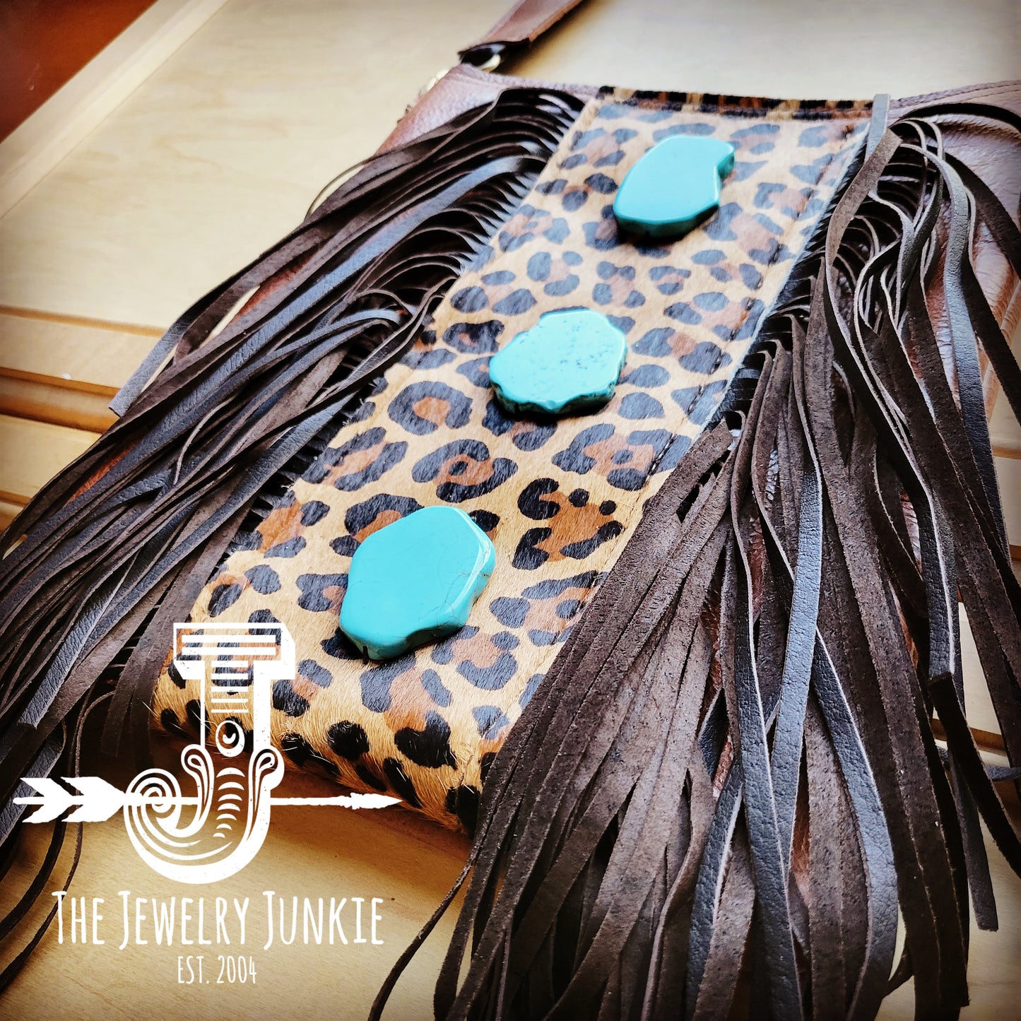 Brown Leather Crossbody Handbag w/ Leopard & Turquoise Slabs 512f