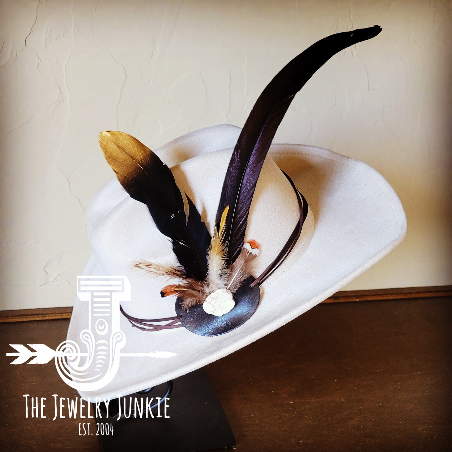 Black/Gold Feather, White Stone & Black Leather Hat Band