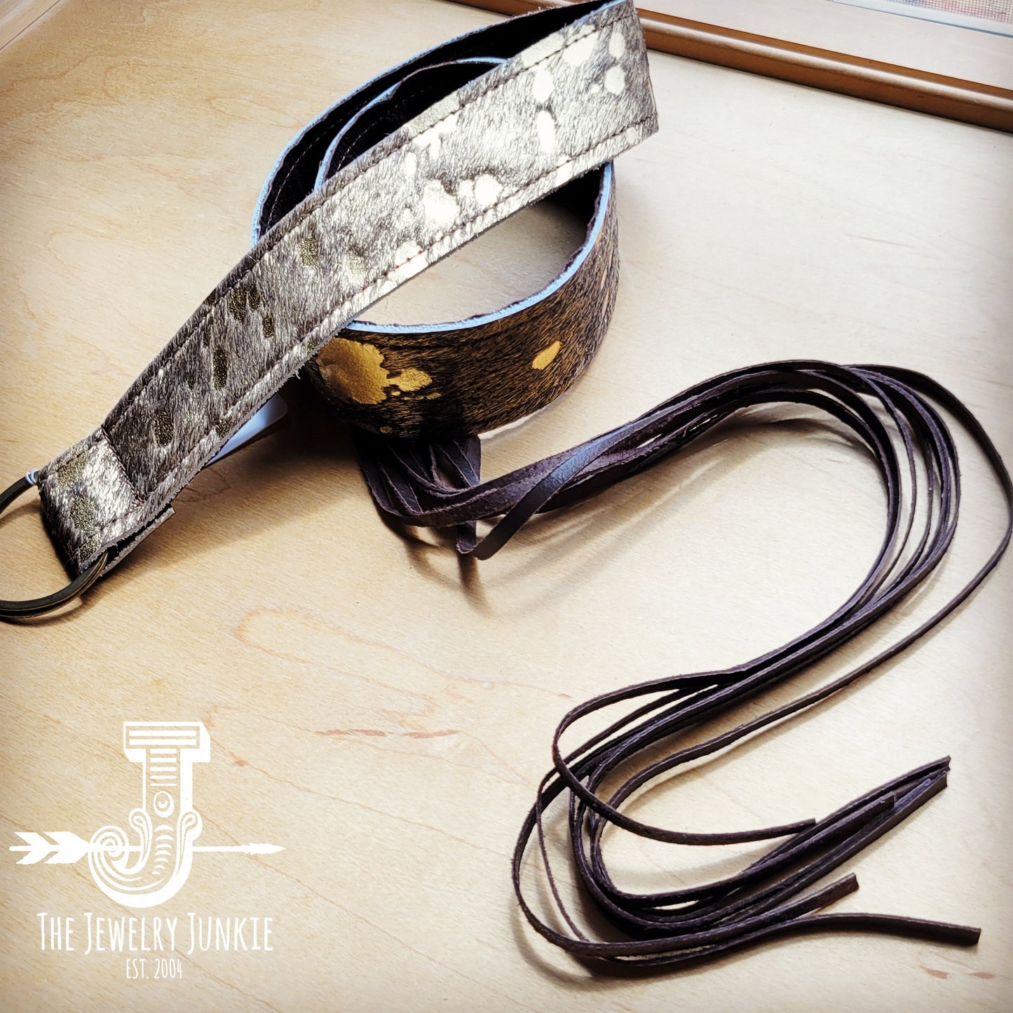 Dark Metallic Hide Leather Belt w/ Leather Fringe 906y