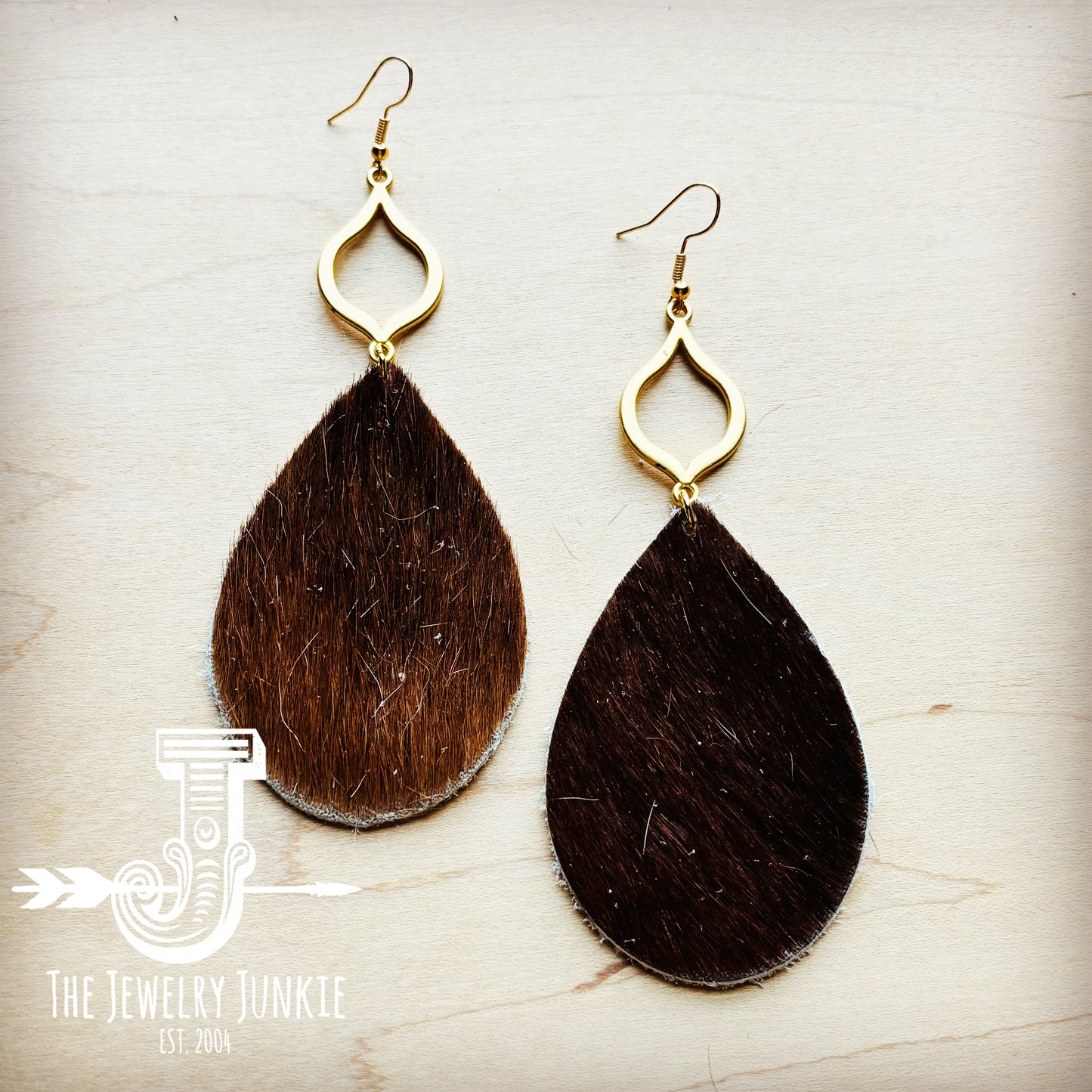 **Hair Hide Leather Teardrop Earrings Brown w/ Matte Gold Dangle 219t