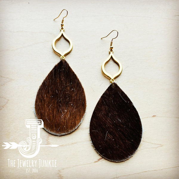 **Hair Hide Leather Teardrop Earrings Brown w/ Matte Gold Dangle 219t