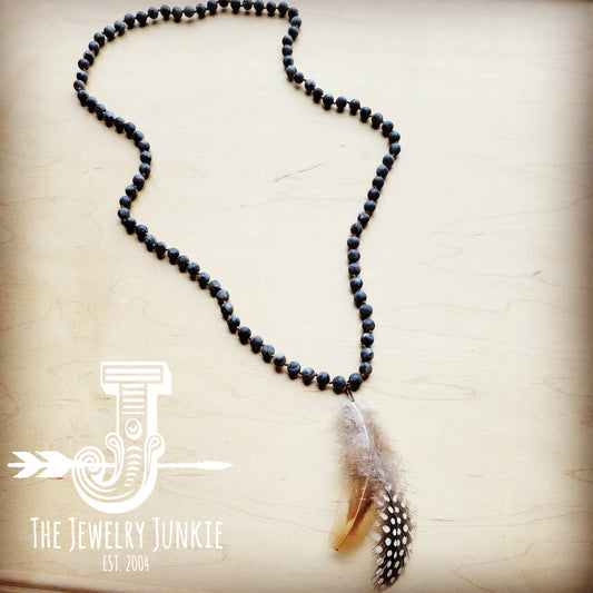 **Frosted Labradorite Necklace w/ Spotted Feathers 257g
