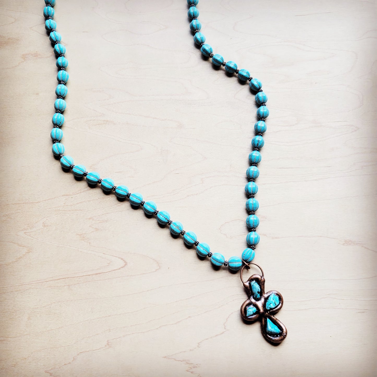 Blue Turquoise Melon Beaded Necklace w/ Copper Cross 260g