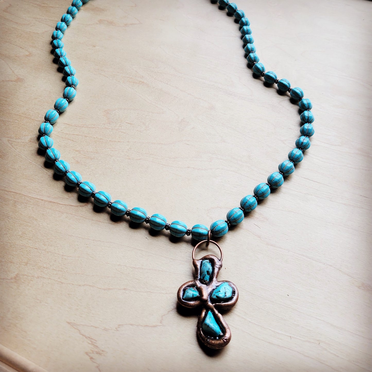 Blue Turquoise Melon Beaded Necklace w/ Copper Cross 260g